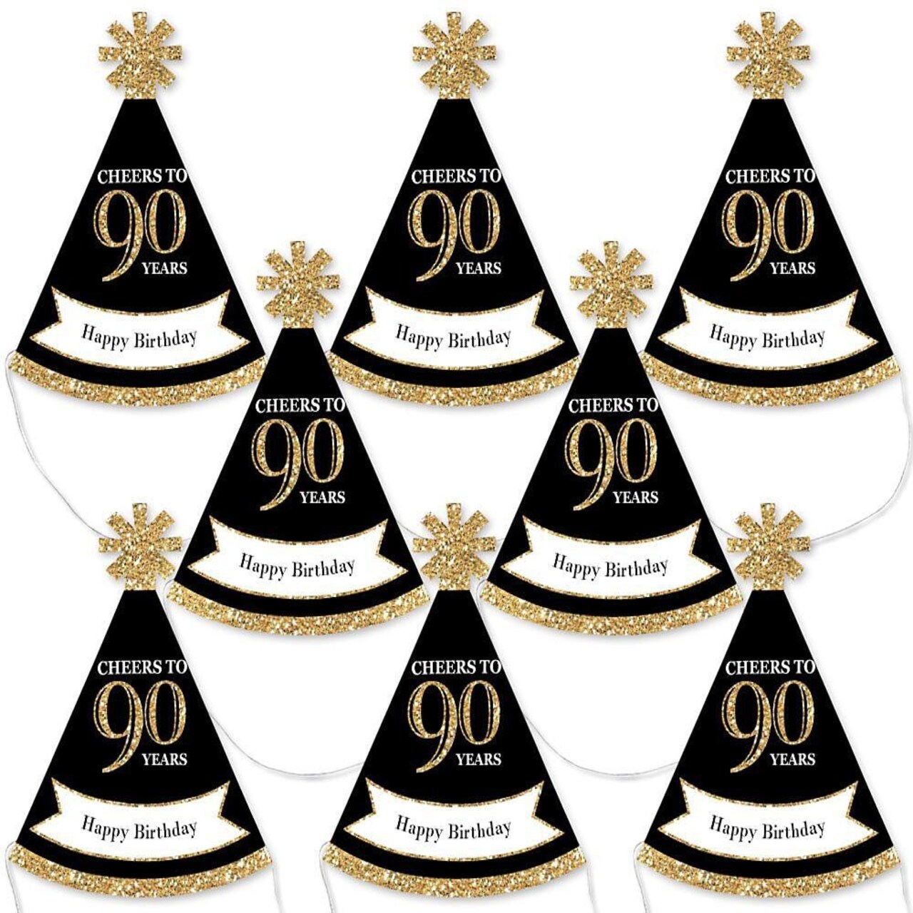 Big Dot of Happiness Adult 90th Birthday - Gold - Mini Cone Birthday Party Hats - Small Little Party Hats - Set of 8